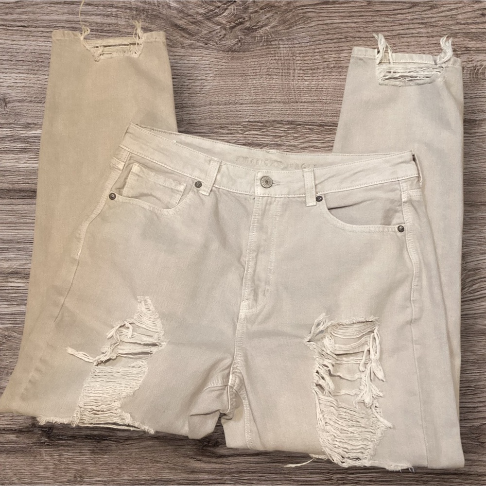 American Eagle Light‎ Grey Thrashed High Waisted Straight Leg Mom Jeans, Size 12 - Picture 10 of 10
